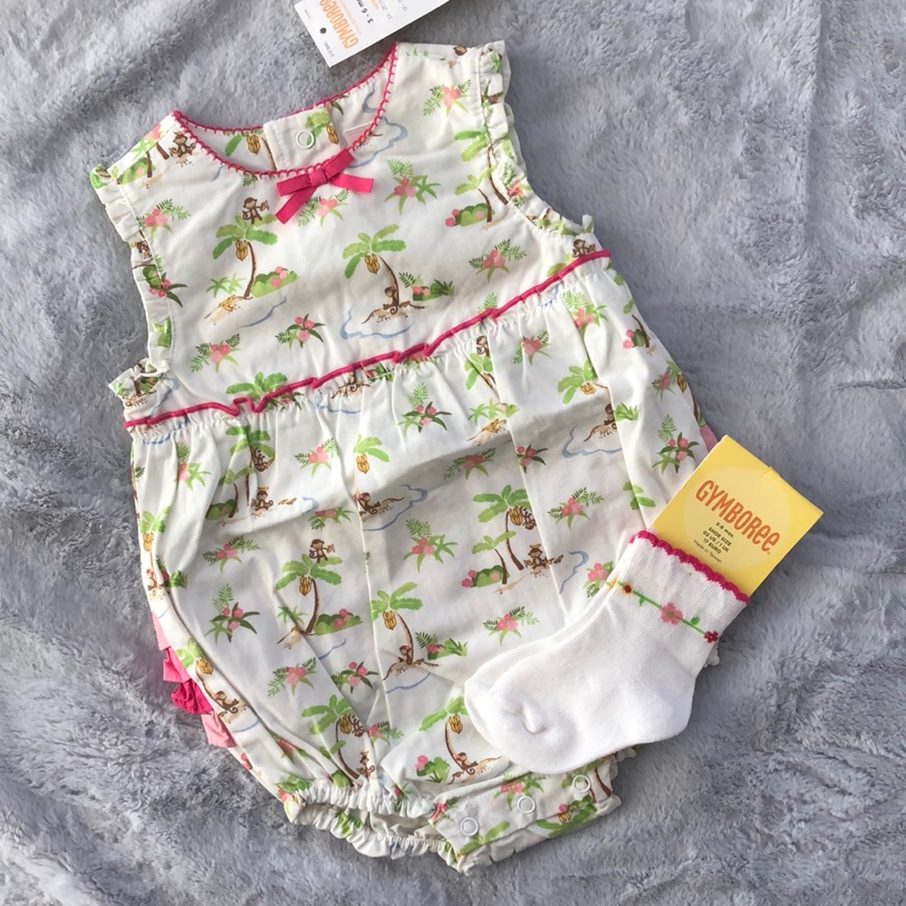 NWT 3-6 Mos Gymboree Bubble Romper & Socks Monkey
